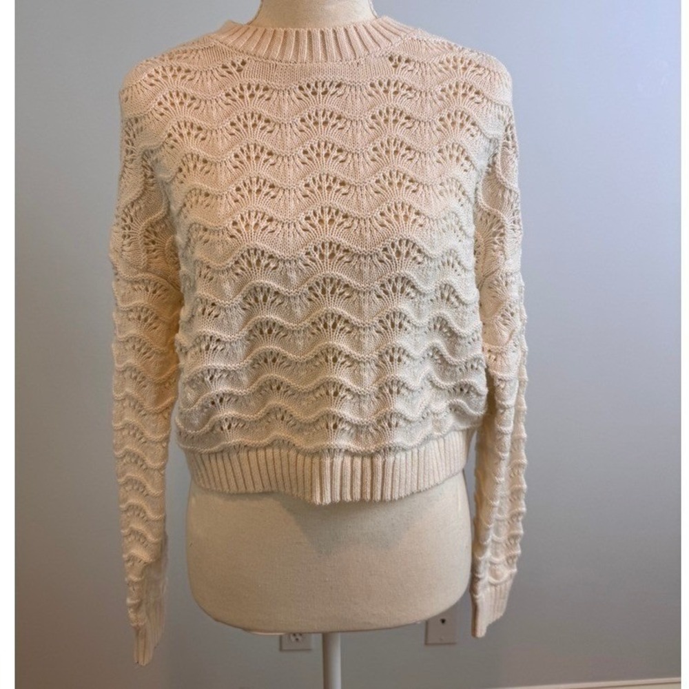 Hollister Pointelle Knit Sweater Womens S Cream Scallop Crochet Boho Minimalist
